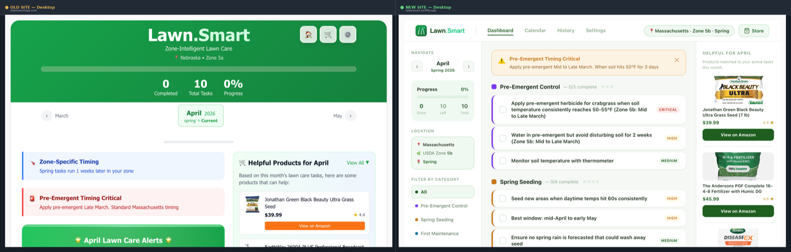 Side-by-side comparison of Lawn.Smart v1 (left) and v2 (right) on desktop. V1 shows a dark near-black background with a heavy green header and emoji navigation buttons. V2 shows a clean light layout with a three-column structure, tab navigation bar, and structured task cards.