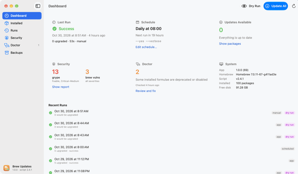 Animated tour of the Brew Updates app: Dashboard, Installed, Runs, Security, Doctor and Backups