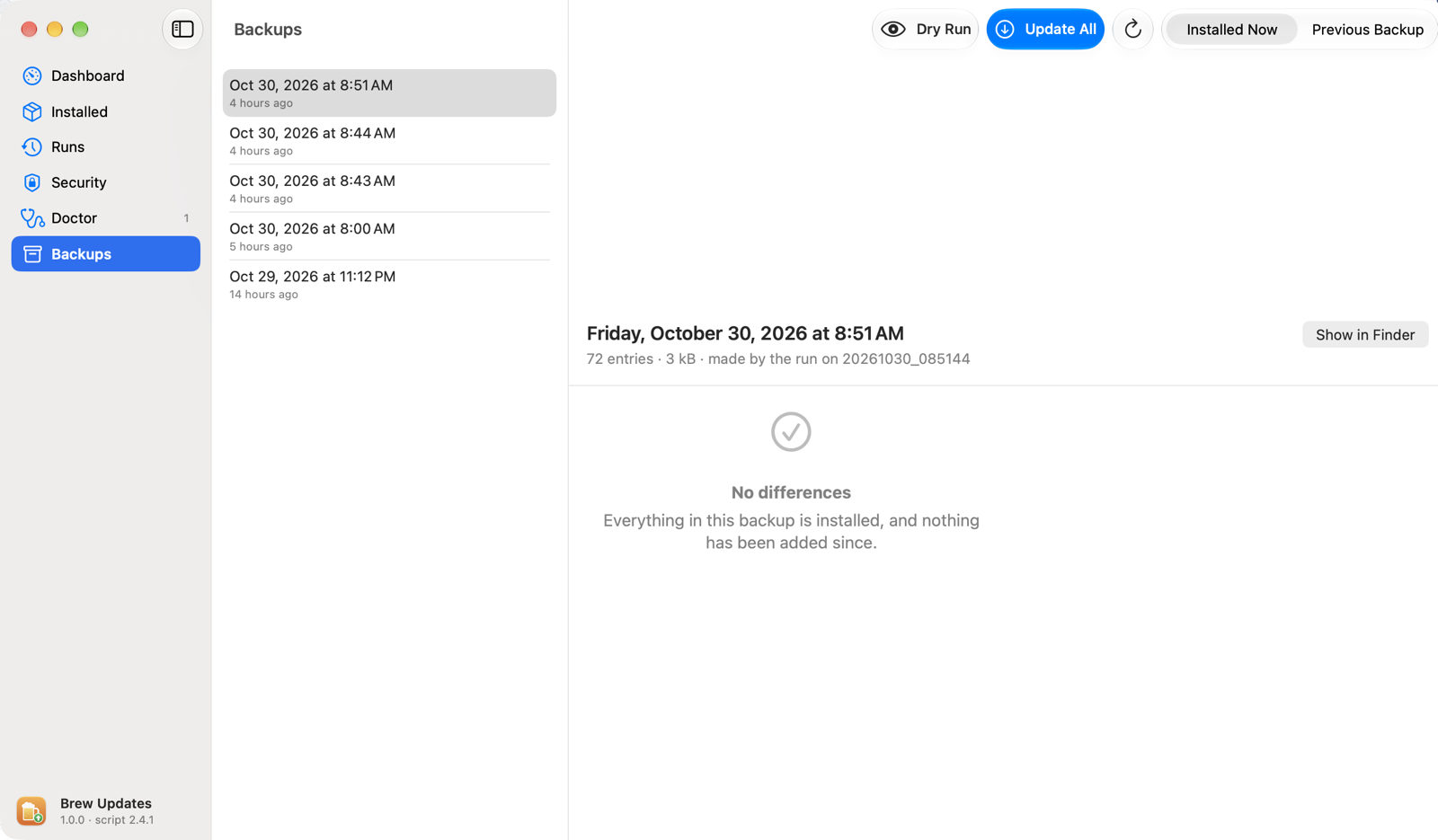 Brew Updates Backups screen