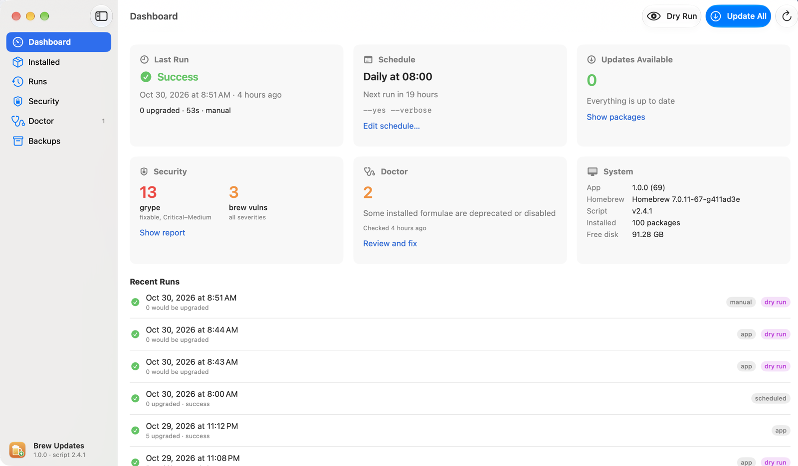 Brew Updates Dashboard screen